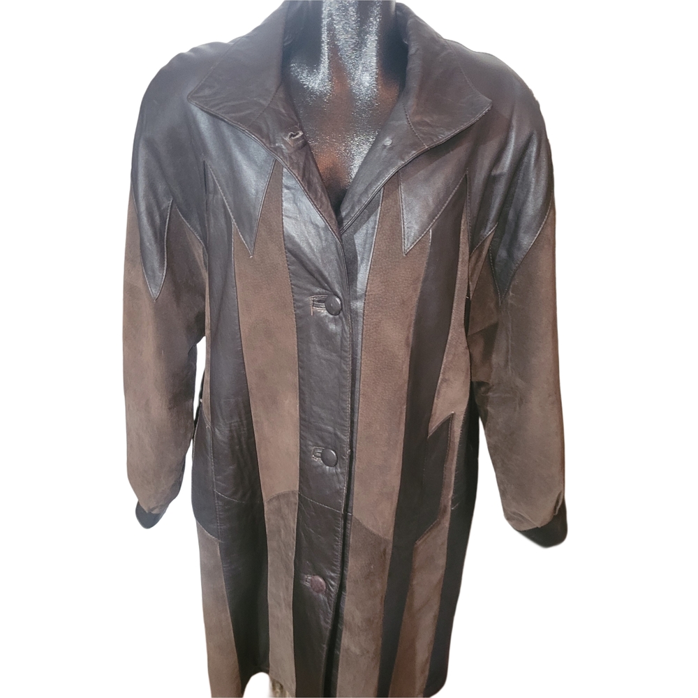 Vintage BFC Made In Canada Brown Leather And Suede Patchwork Mid-length Coat L